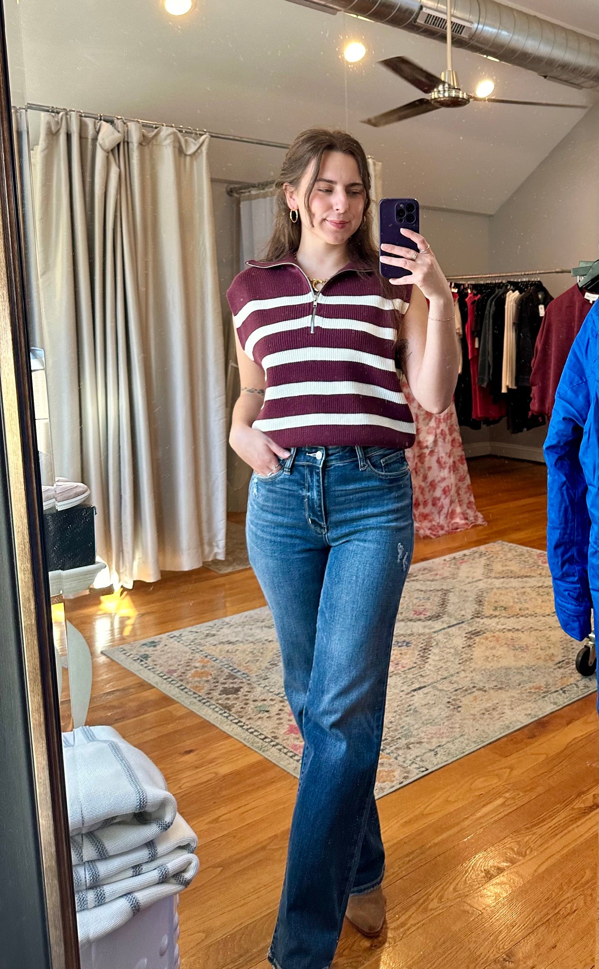 Cherry Stripe Sleeveless Zip Sweater