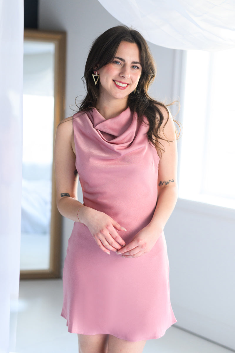 Mauve Satin Cowl Neck Mini Dress