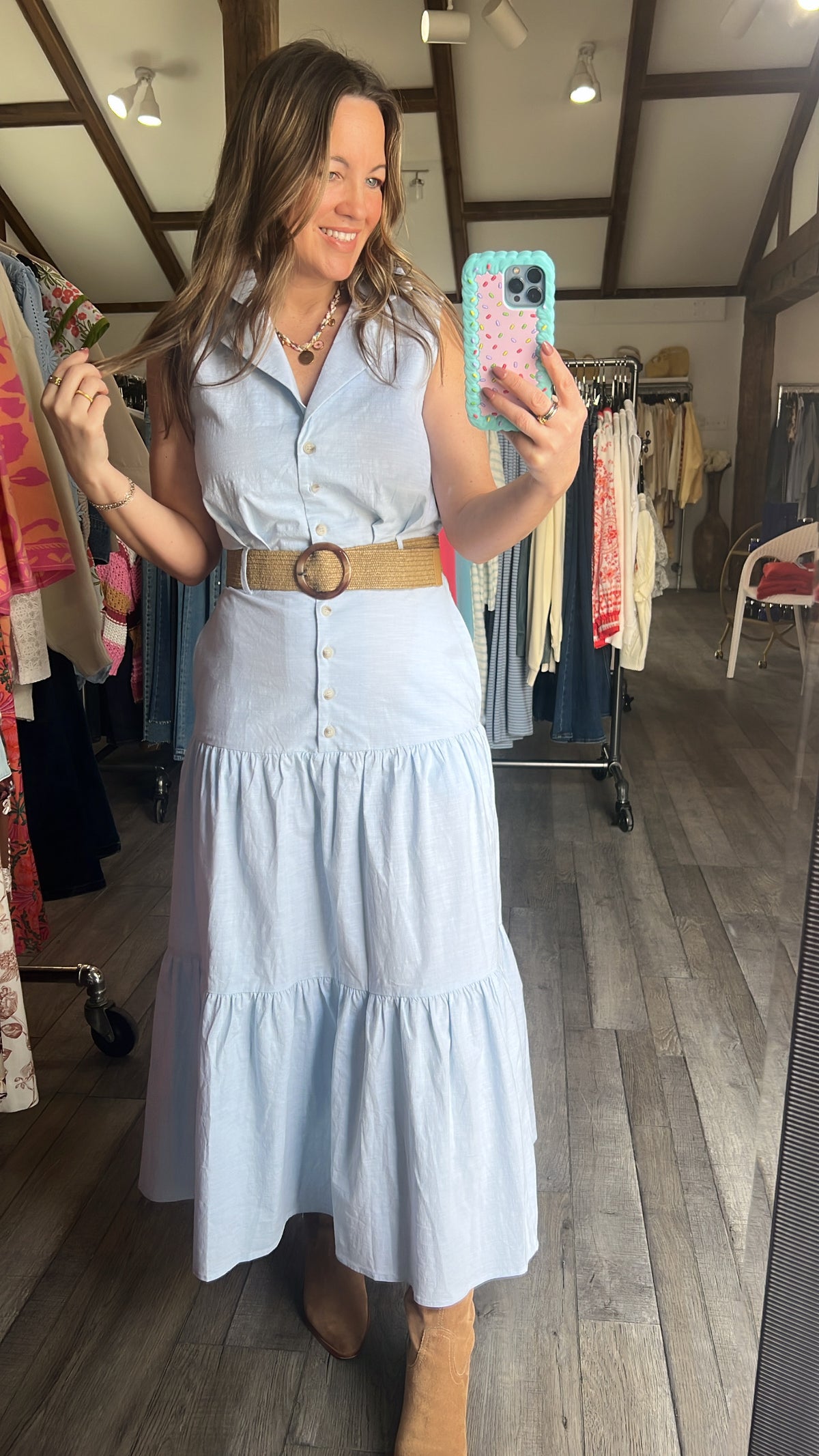 Chantel Collared Soft Blue Sleeveless Dress with Belt