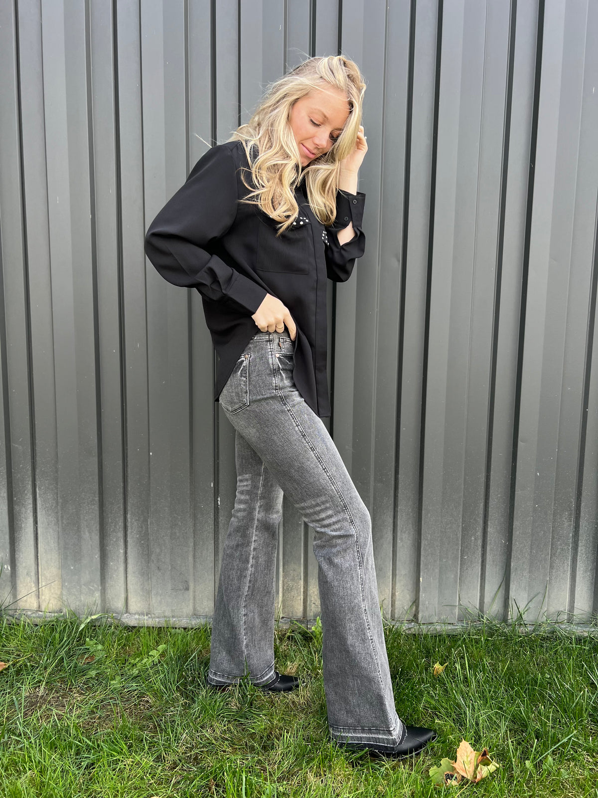 Studded Black Button Down Top