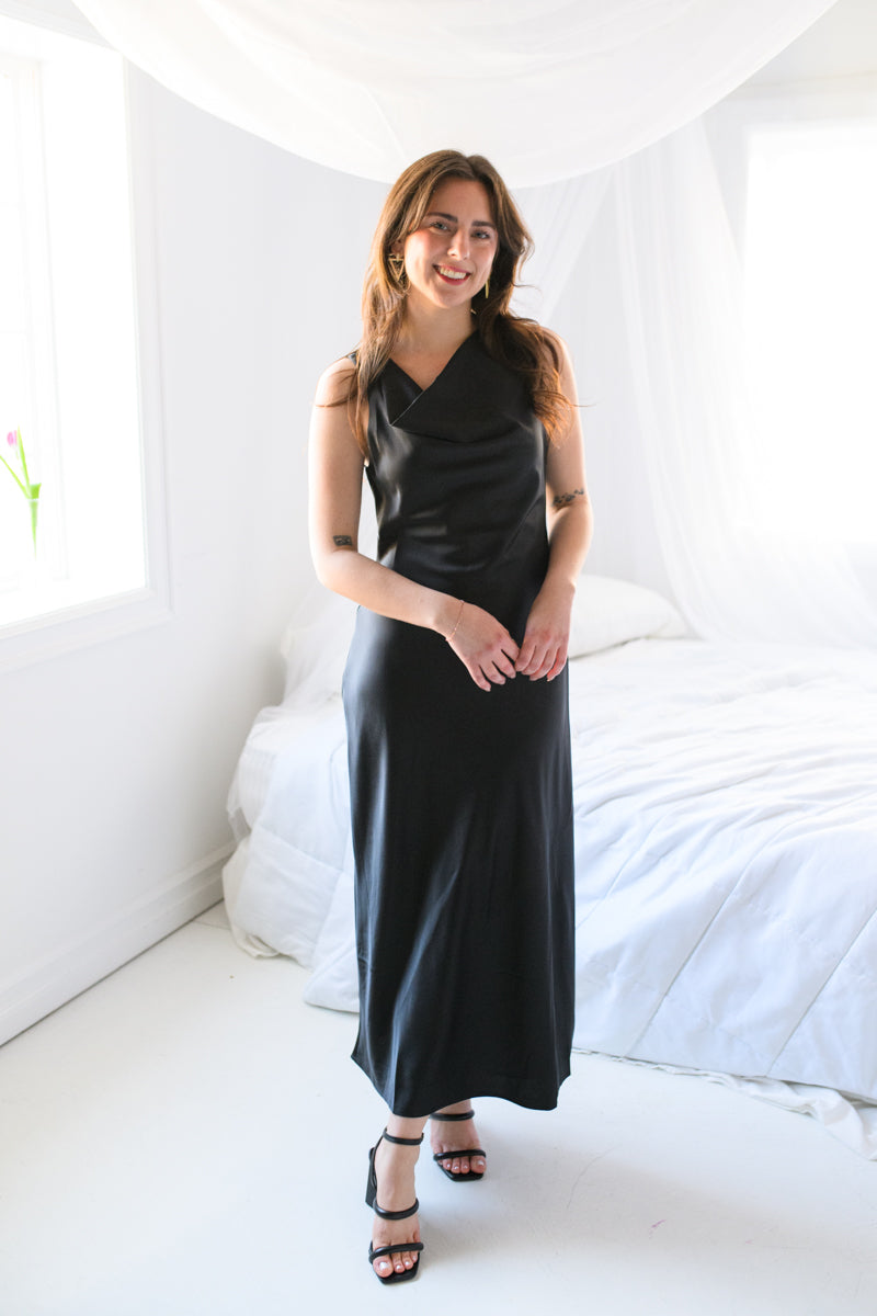 Satin Mirage Cowl Neck Midi Dress