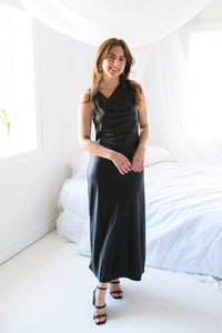 Satin Mirage Cowl Neck Midi Dress