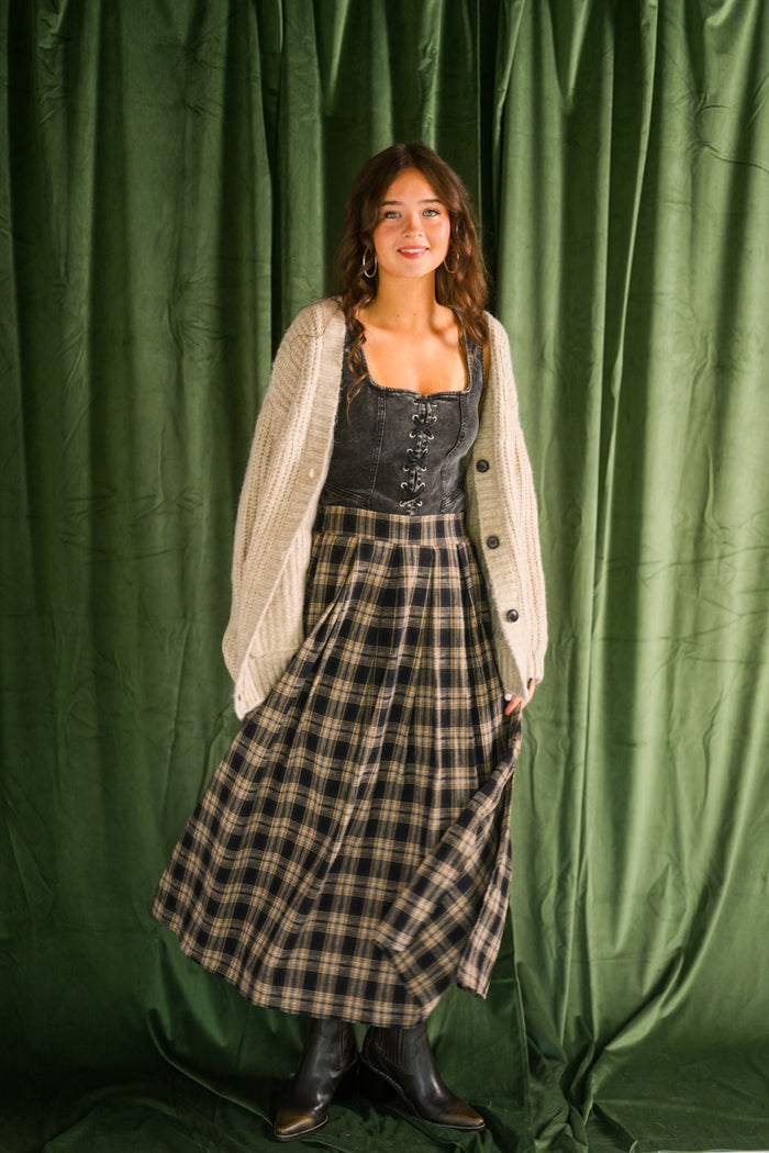 Plaid & Proper Pleated Midi Skirt