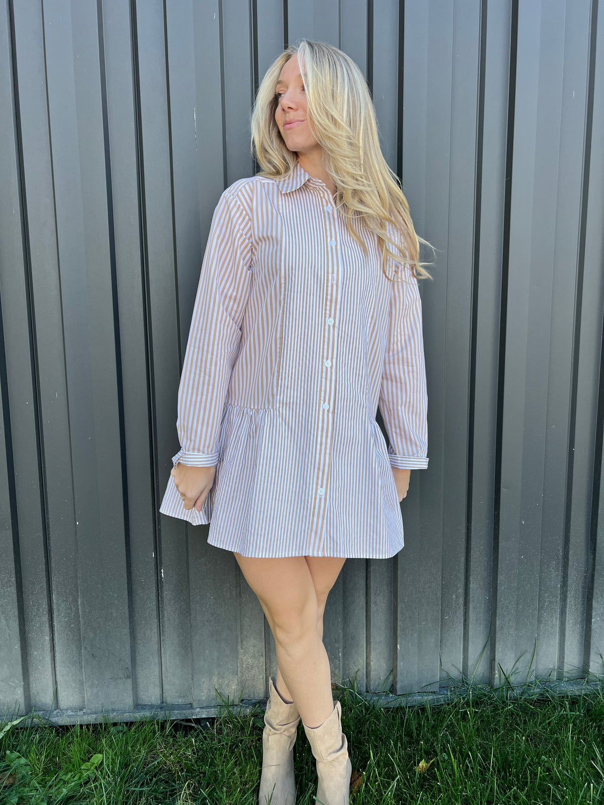 Nude & White Stripe Shirtdress