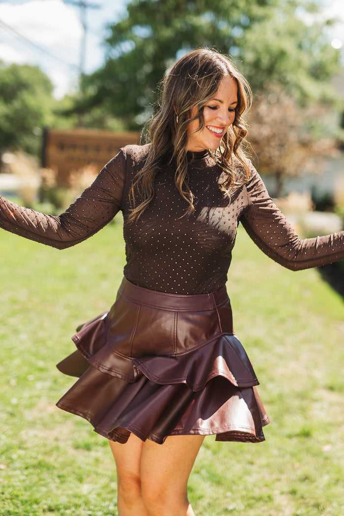 Burgundy Flared Hem Faux Leather Mini Skirt