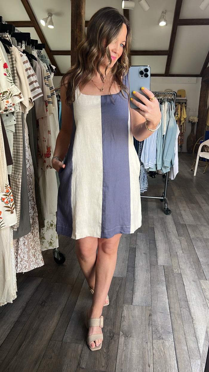 Slate Navy & Oatmeal Color Block Linen Mini Dress