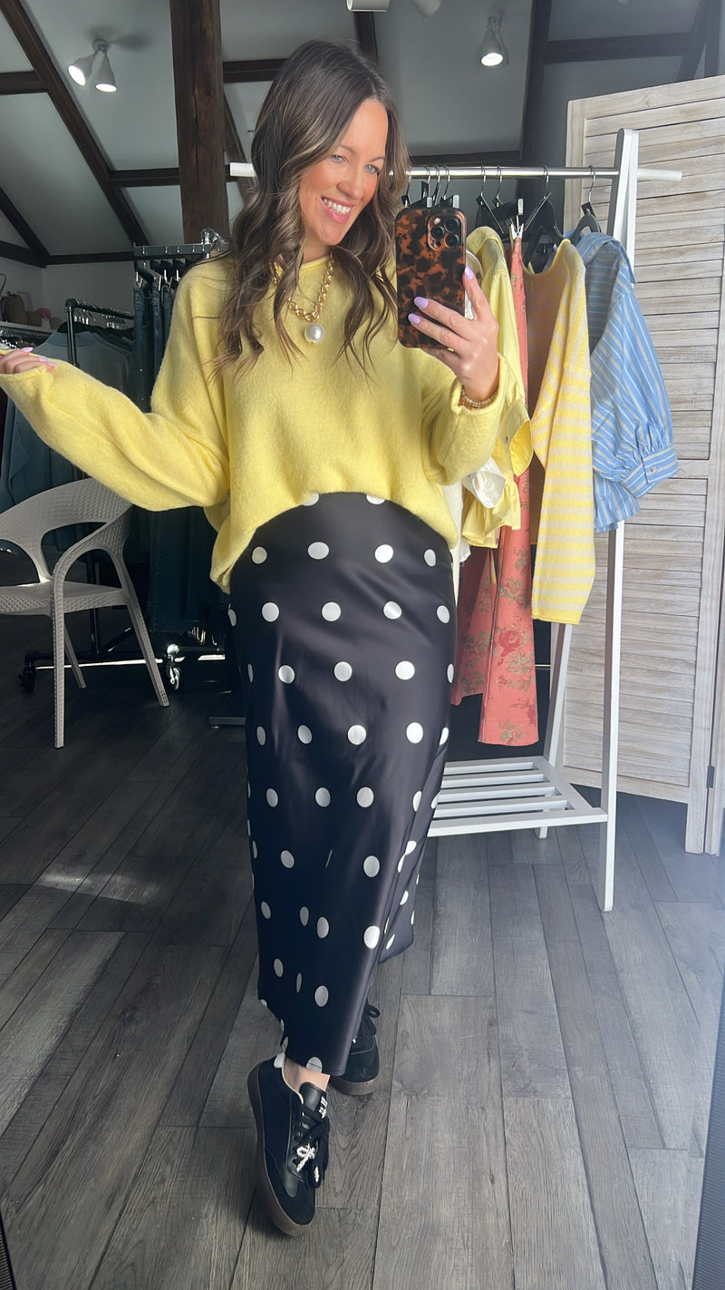 Sasha Satin Polka Dot Midi Skirt