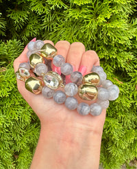 3 Row Oval Grey Stone & Beaded Bracelet