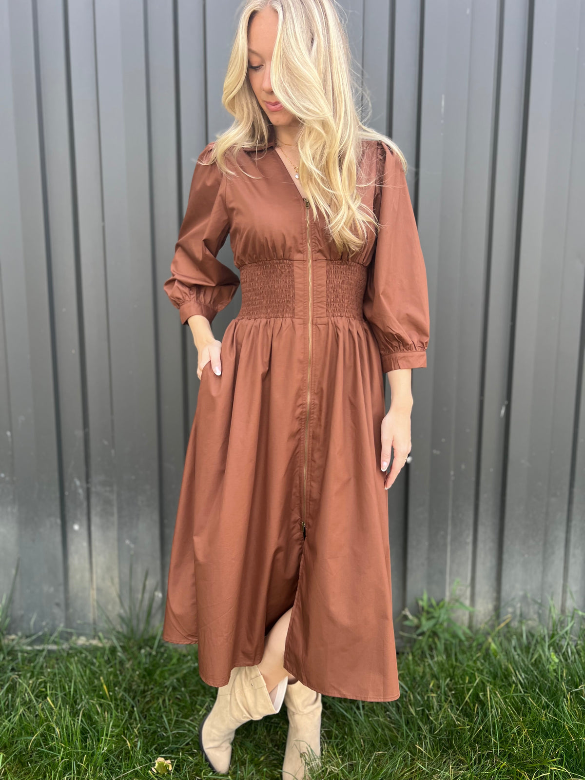 brown cinched waist dress Brown Cotton-Linen Cinched Waist Flared Maxi Dress 68" / Tall (5'7" and above)
