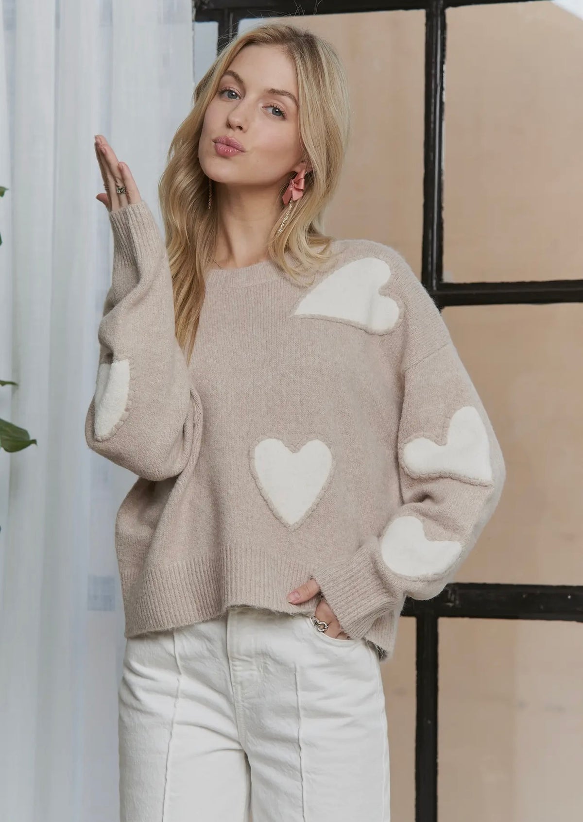 Taupe Sweater With White Hearts