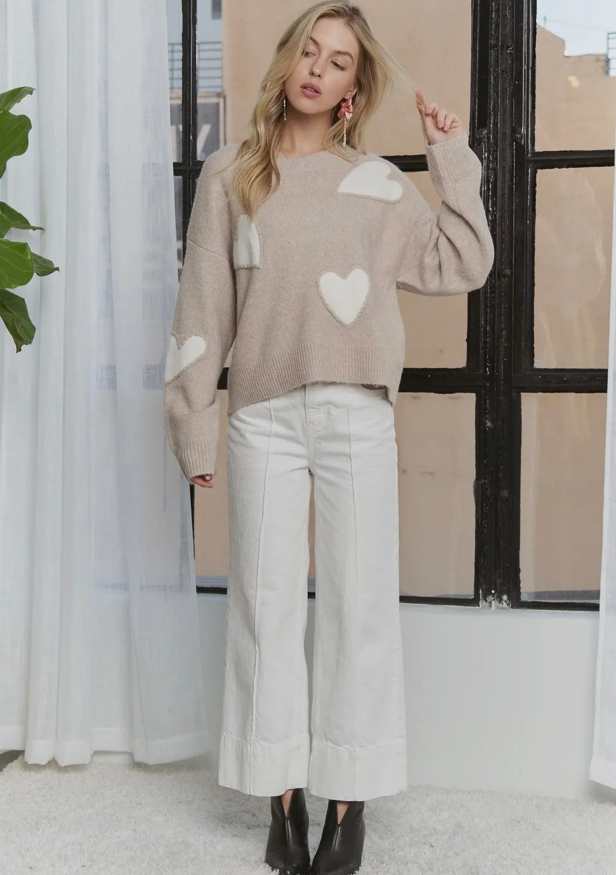 Taupe Sweater With White Hearts