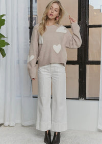Taupe Sweater With White Hearts