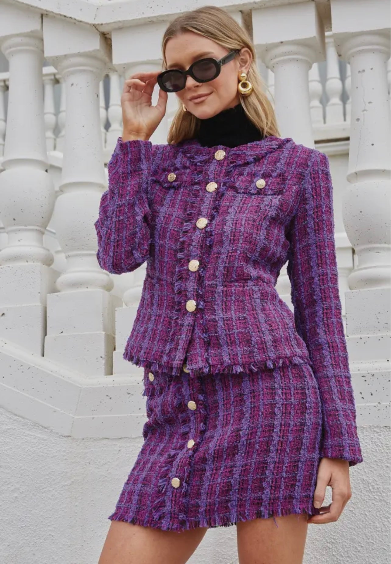 [美品] フォクシー　Jacket Tweed Noble フリンジ　シルク L Plum Fray Tweed Blazer – Blush