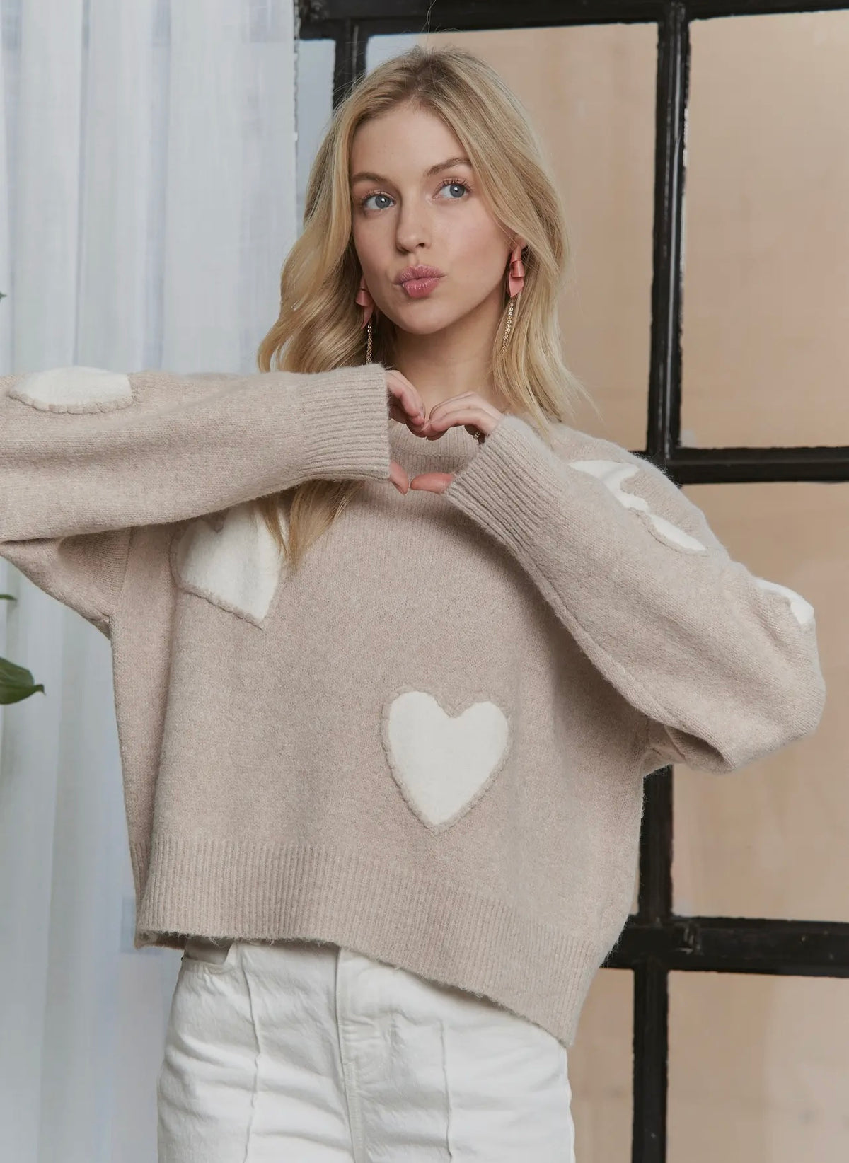 Taupe Sweater With White Hearts
