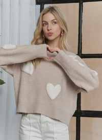 Taupe Sweater With White Hearts