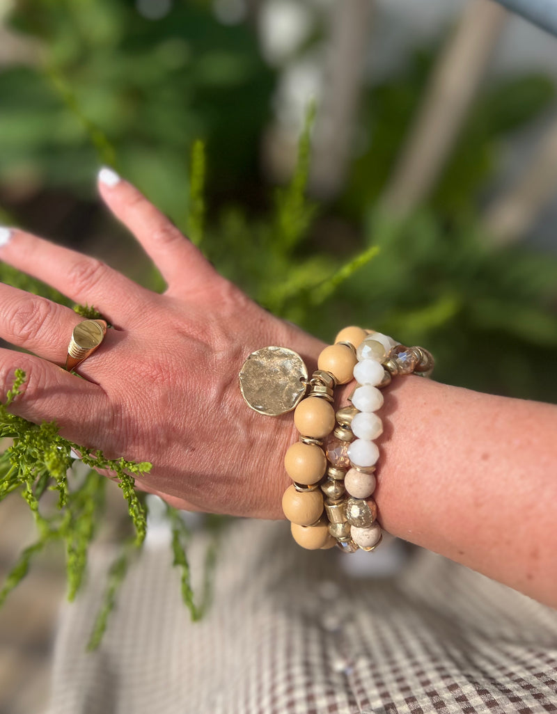 Destin Disc Charm , Wood & Bead Bracelet