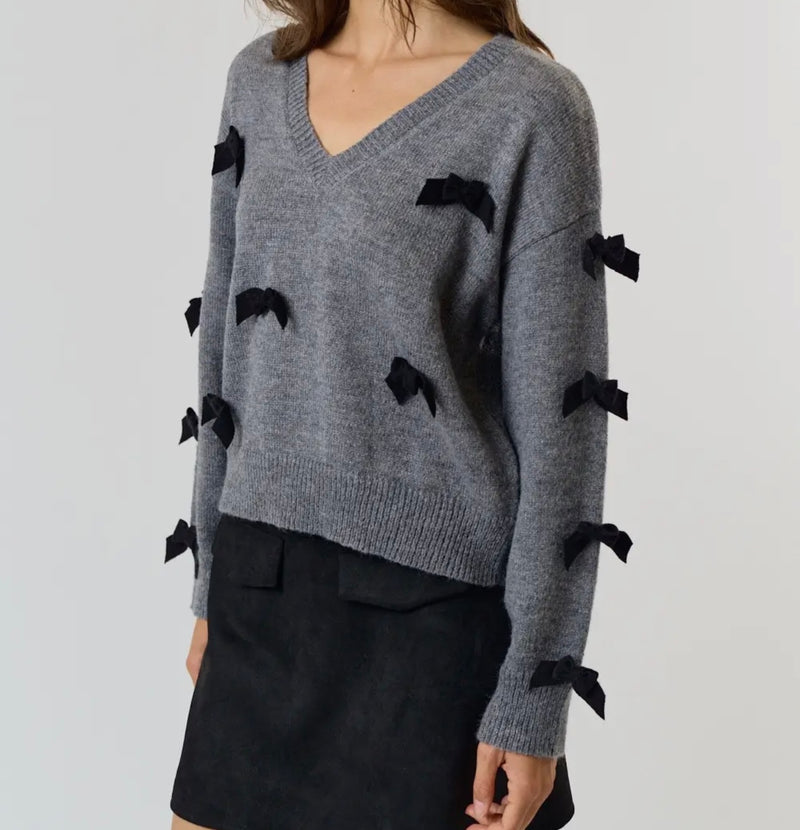 Charcoal V Neck Bow Sweater