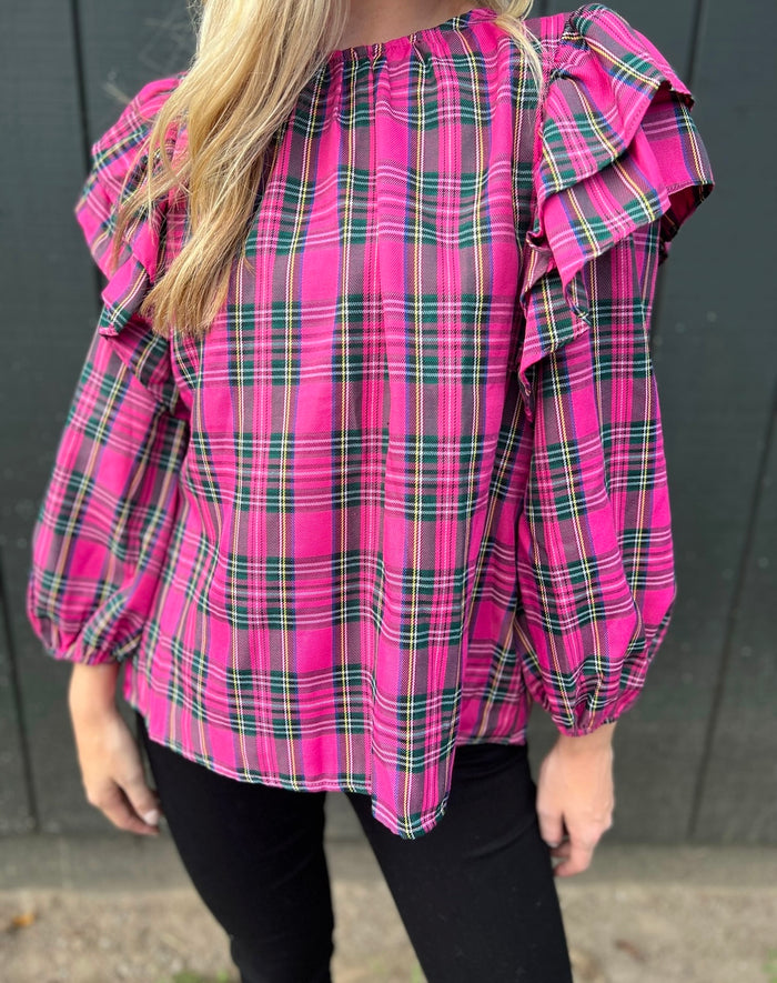 Picture Perfect Plaid Top-Pink : L