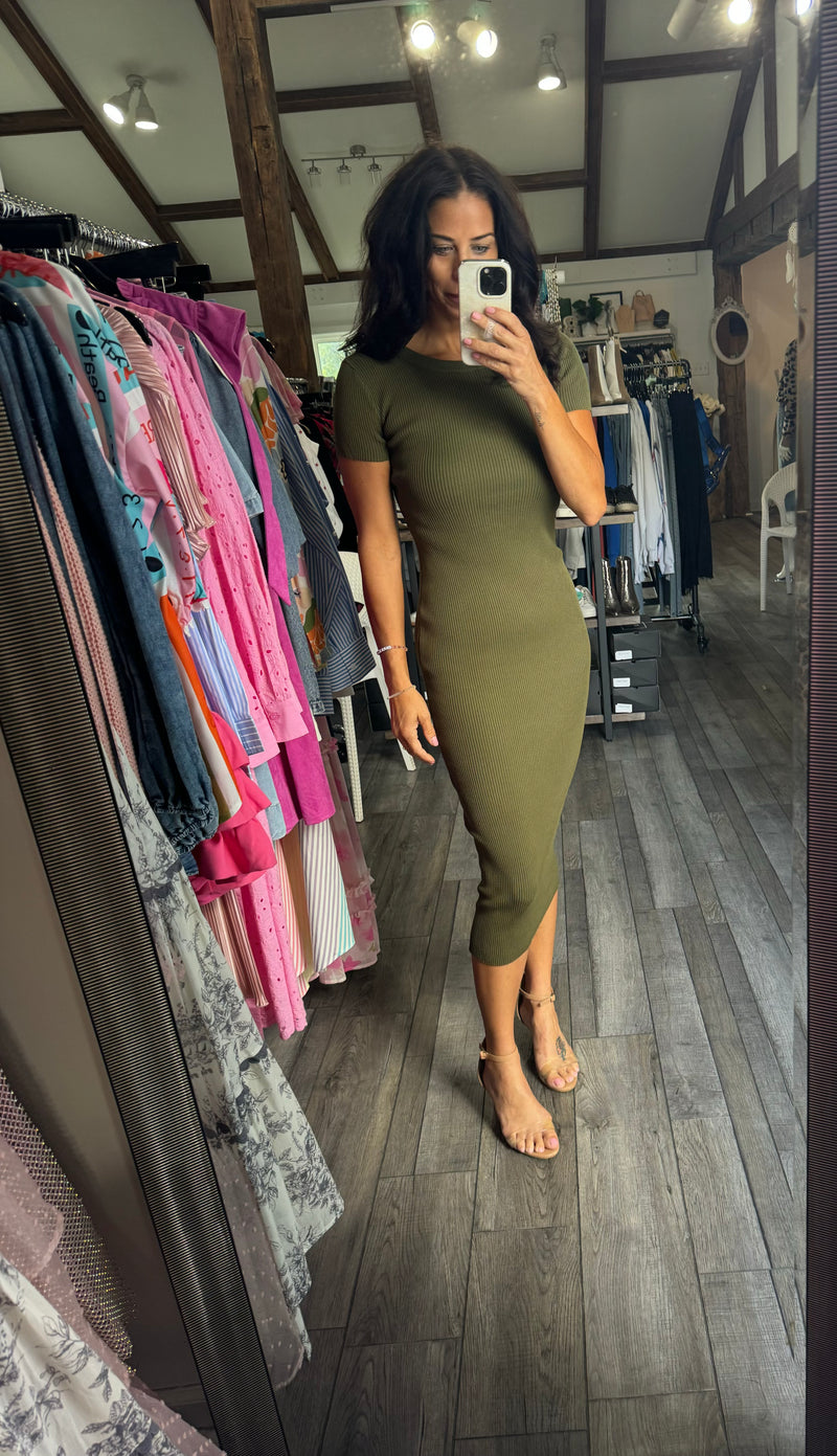 Olive Fitted Ribbed Knit Midi Dress