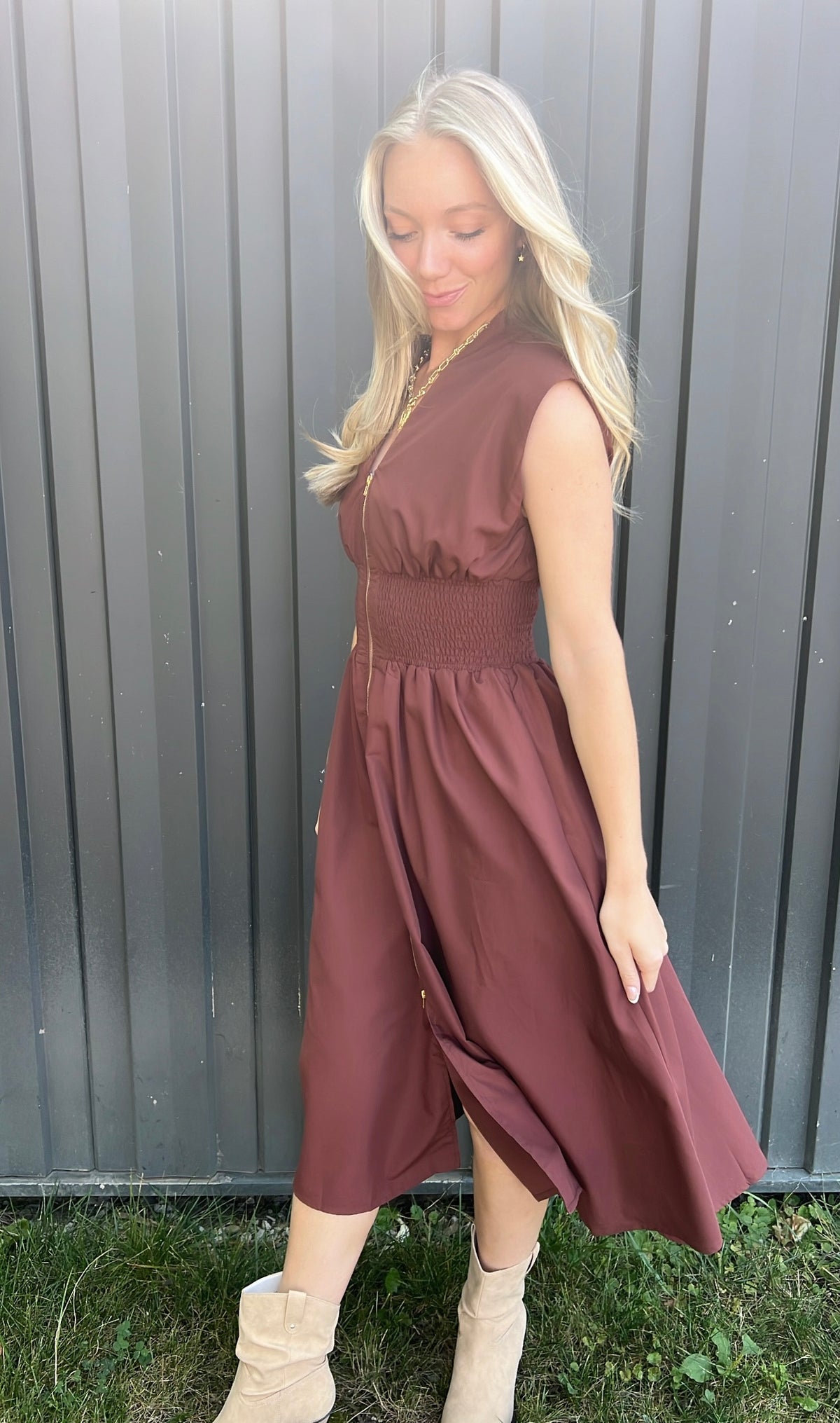 Brown Zipper Cinch Dress