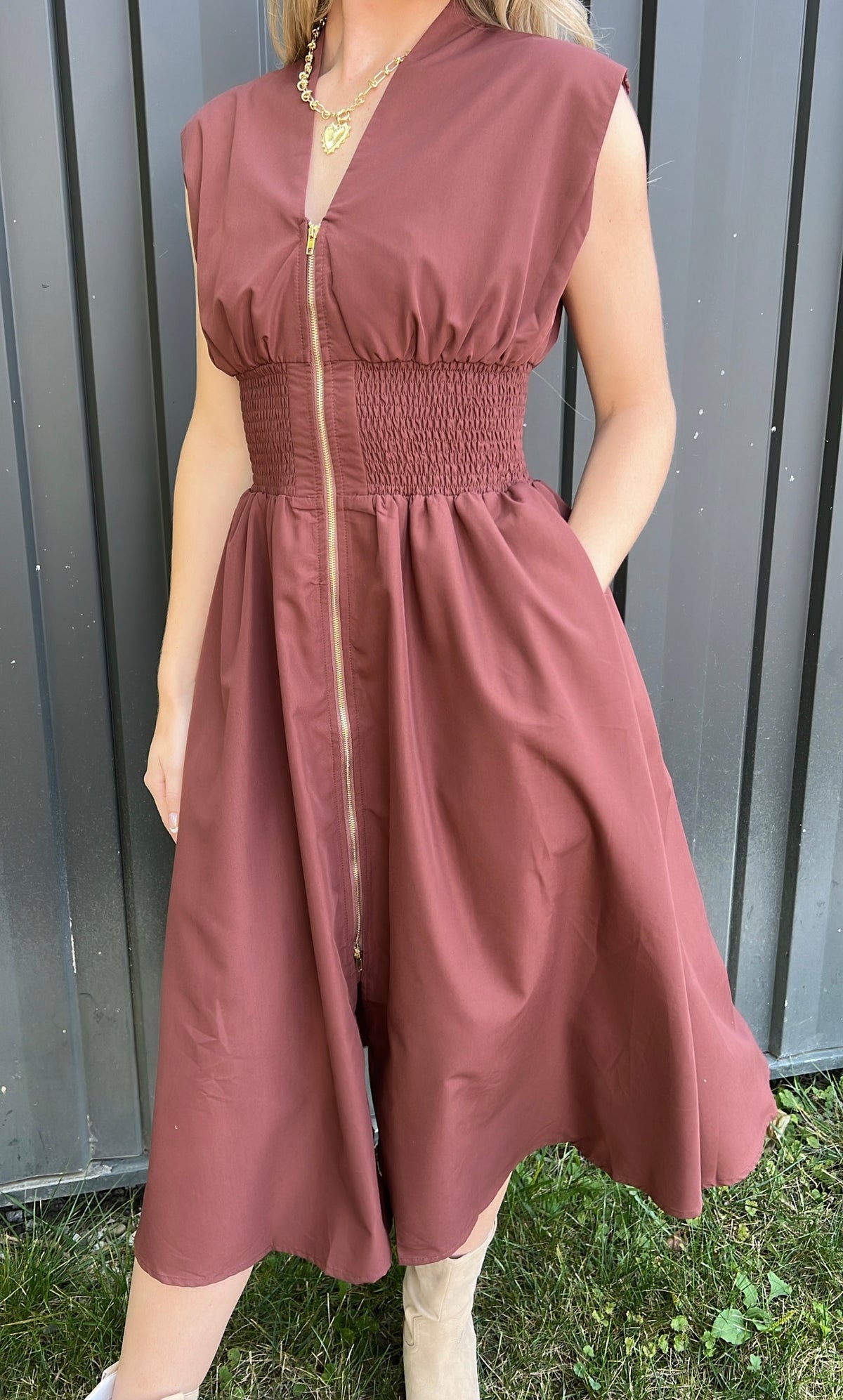 Brown Zipper Cinch Dress