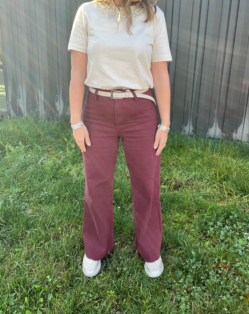 Maroon Straight Wide Leg Denim Pant