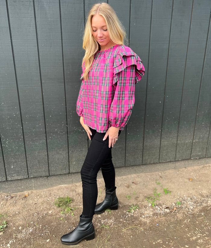Picture Perfect Plaid Top-Pink : L