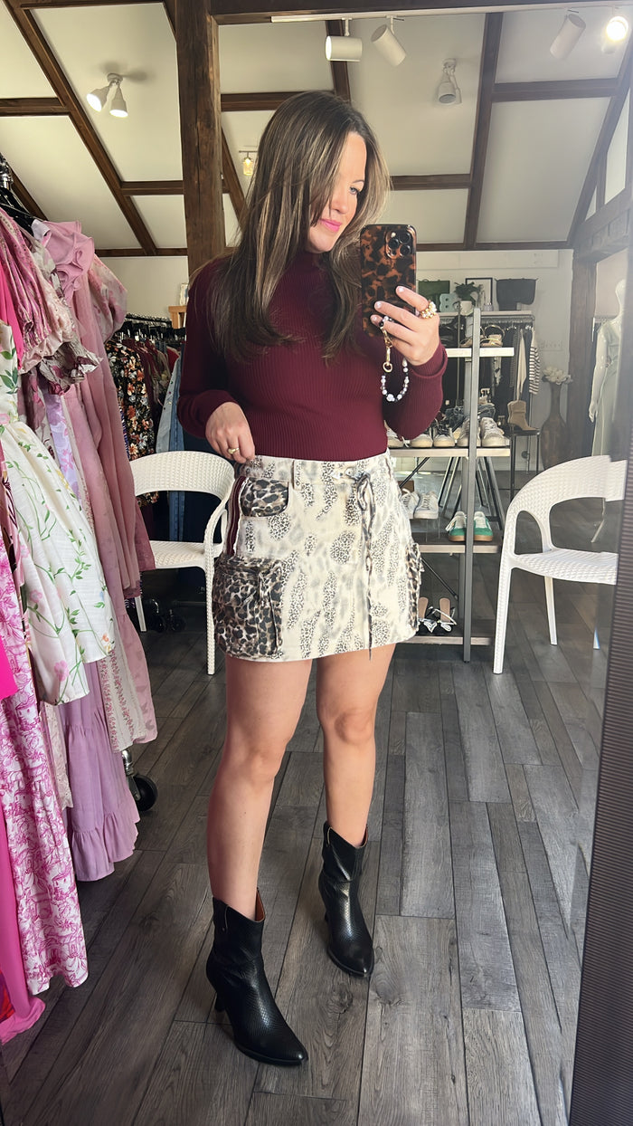 Leopard Denim Cargo Skirt