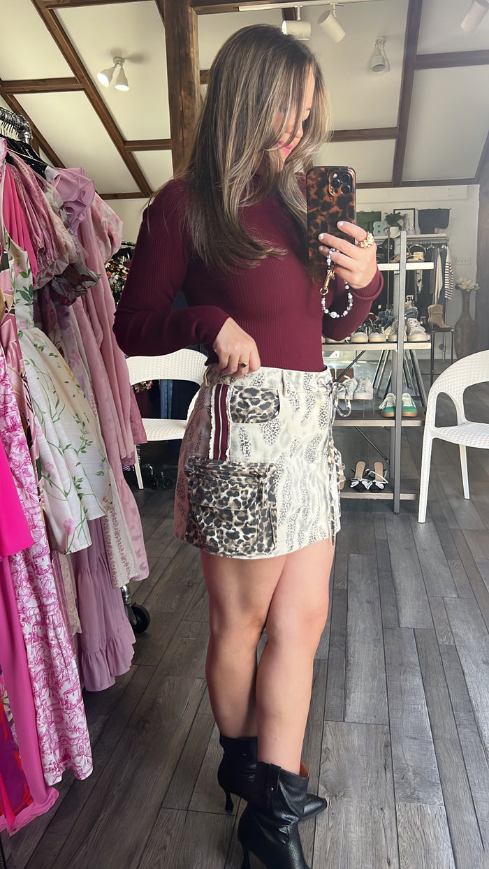 Leopard Denim Cargo Skirt