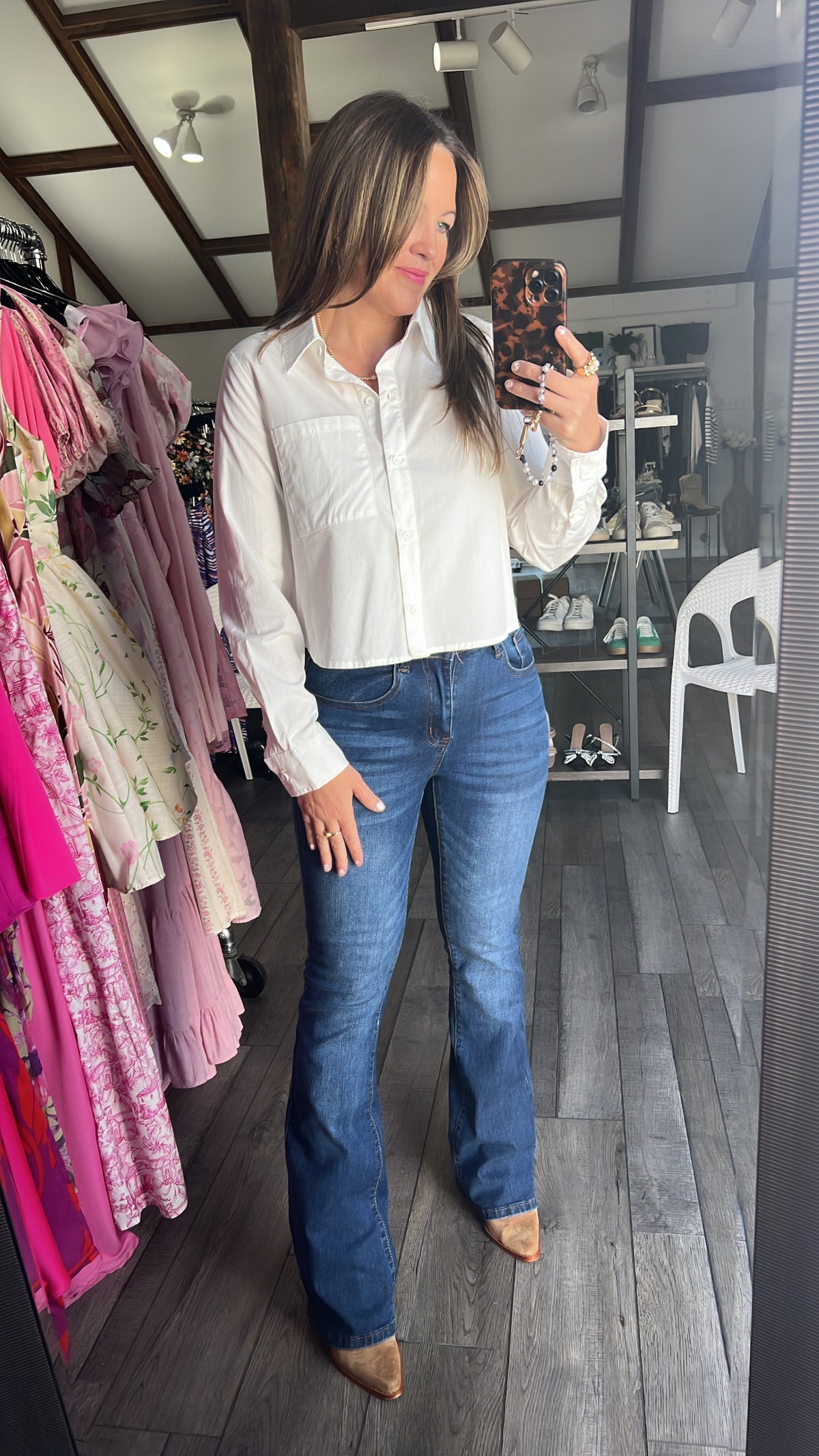 White Cropped Button Down Poplin Shirt
