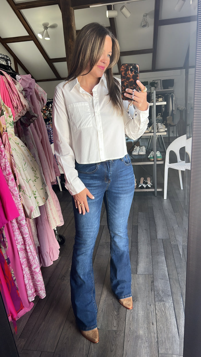 White Cropped Button Down Poplin Shirt