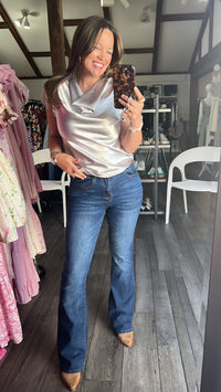 Silver Cowl Neck Combo Blouse