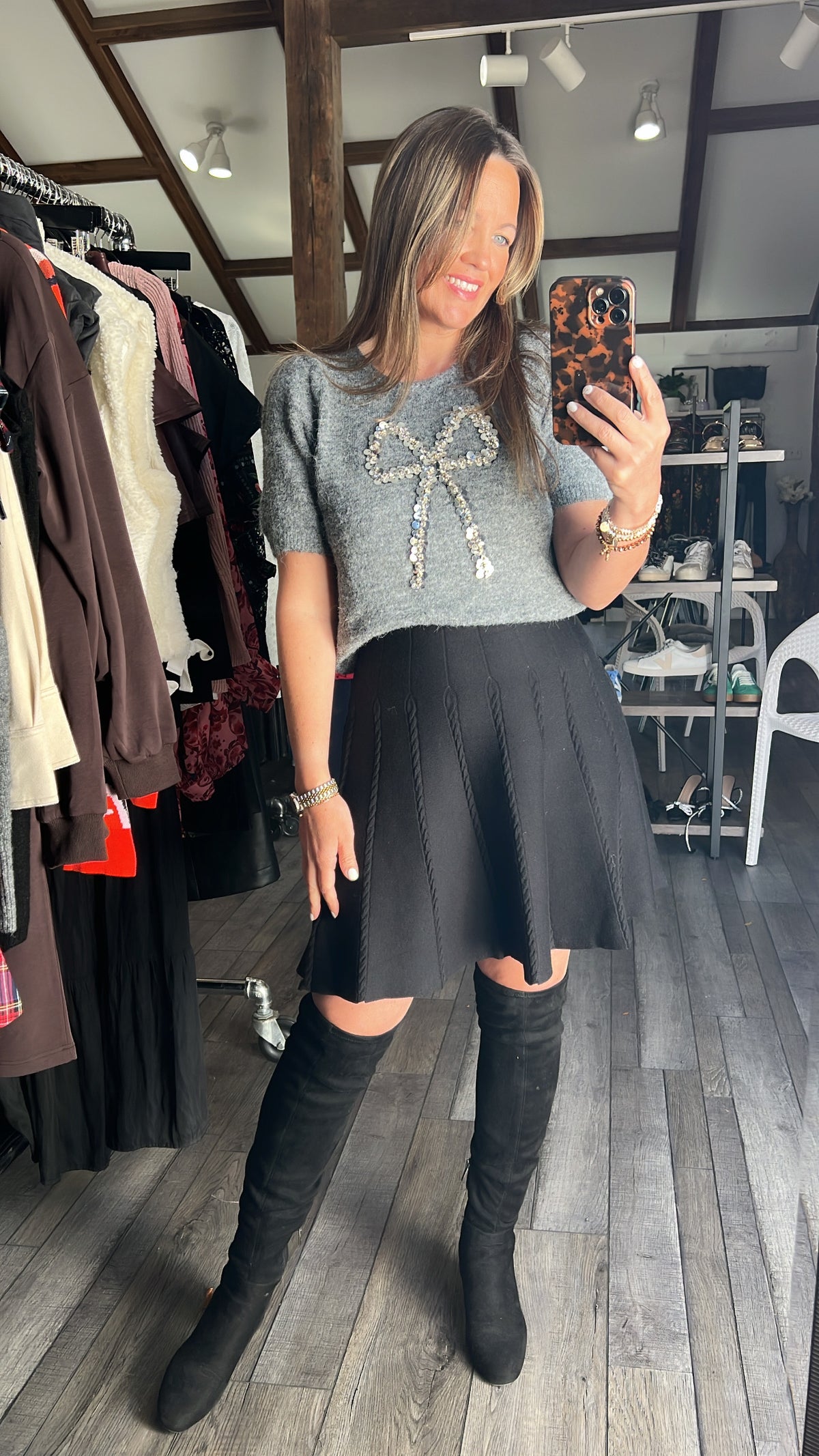 Twinkle Bow Knit Short Sleeve Sweater