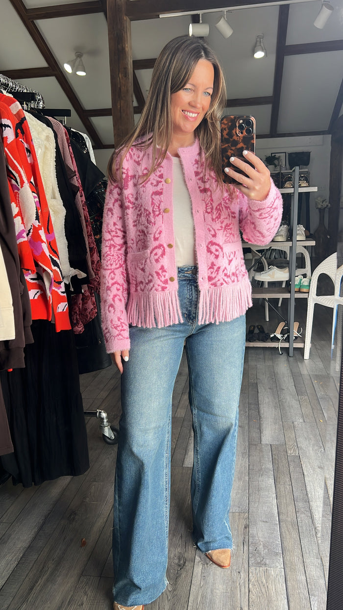 Pink Jacquard Dreamcoat Fringe Cardigan