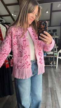 Pink Jacquard Dreamcoat Fringe Cardigan