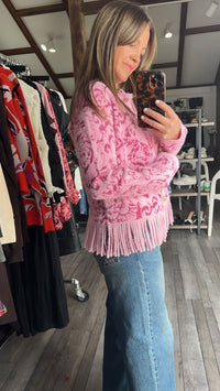 Pink Jacquard Dreamcoat Fringe Cardigan