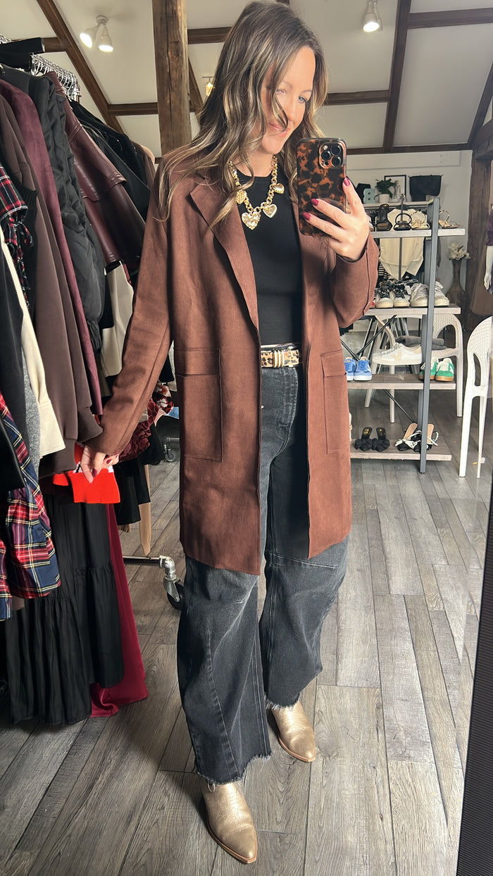 Dark Brown Side Pocket Suede Jacket