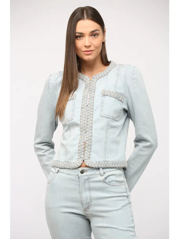 Braided Trim Light Denim Jacket