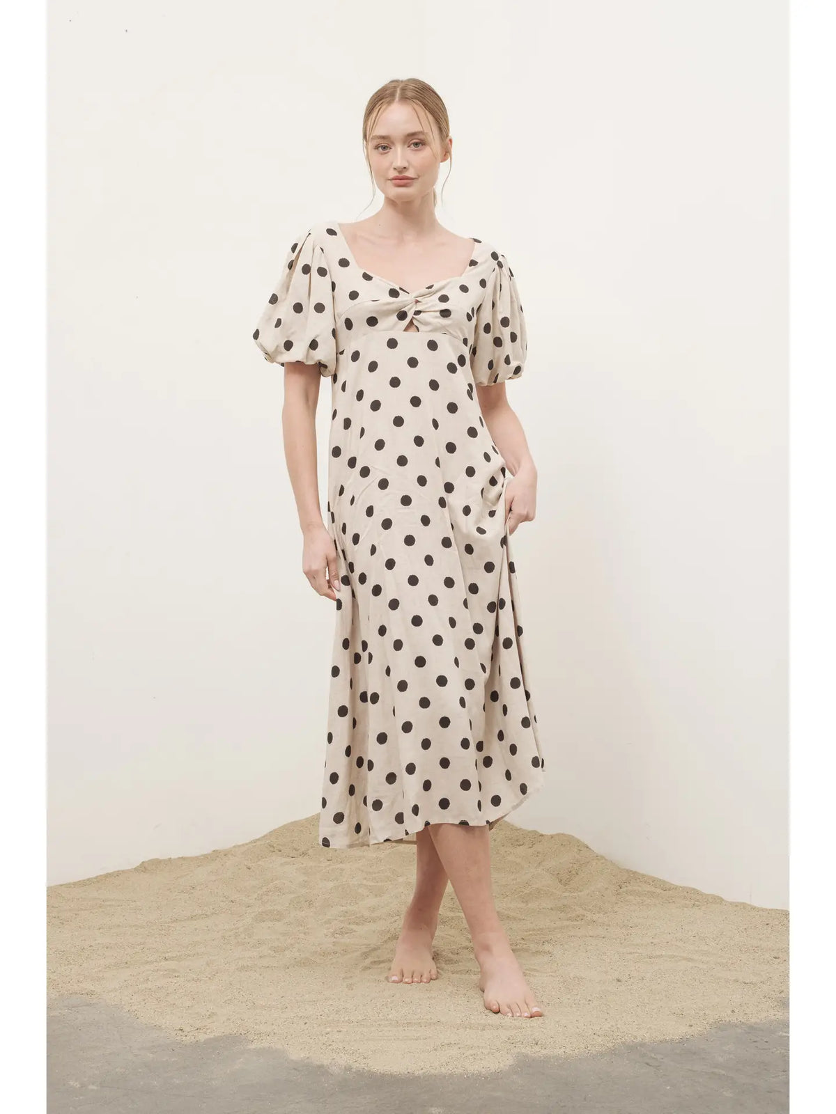 Amber Dot Dot Print Midi Dress with Puff Sleeve