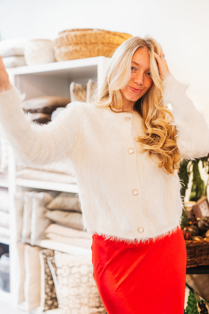 White Pearl Square Button Cardigan Sweater