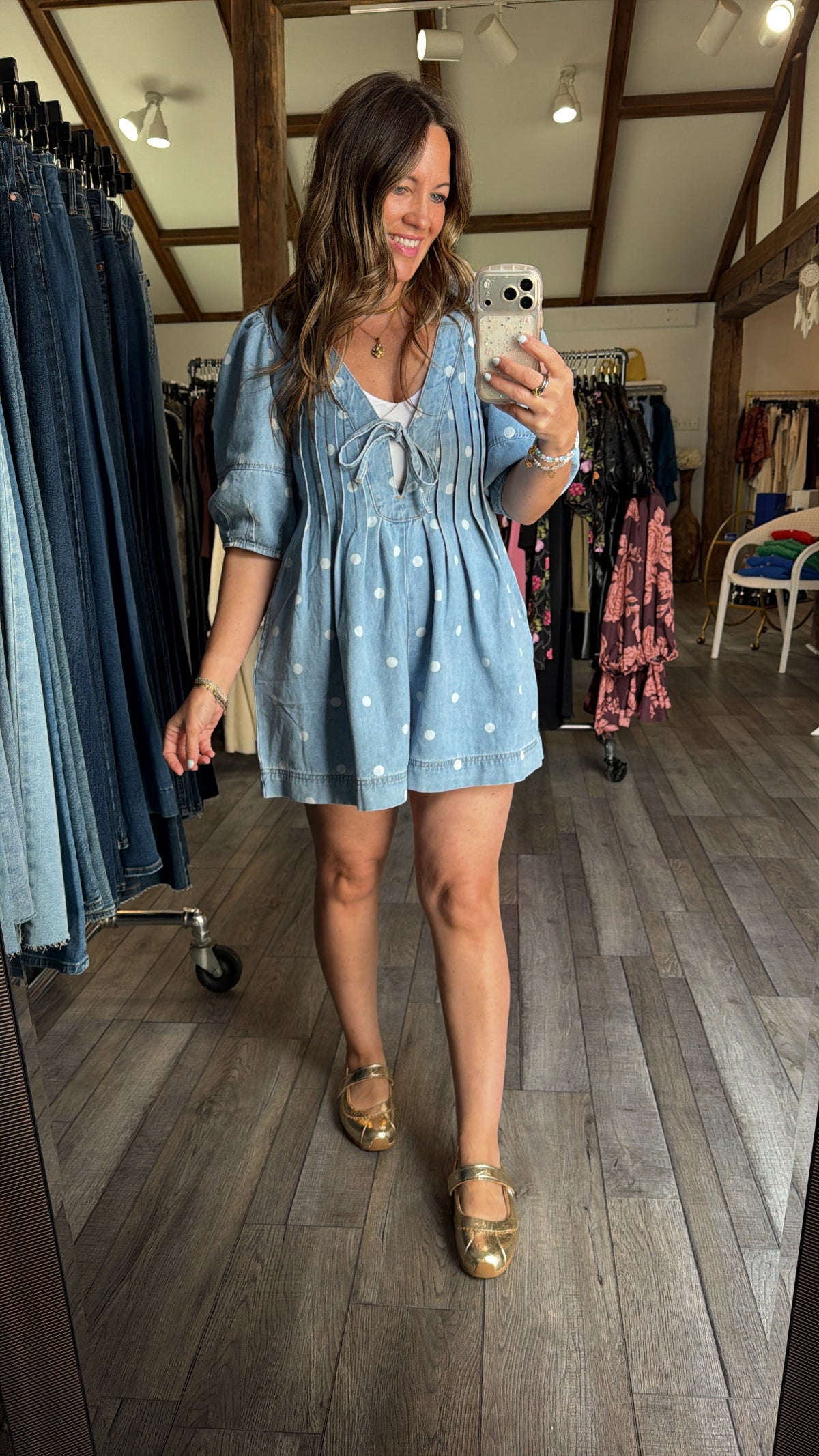 Polka Dot Pleated Denim Romper