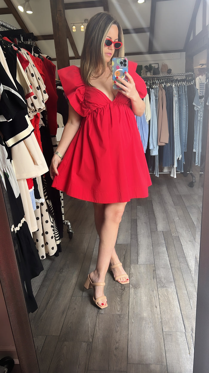 Reese Ruffle Poplin Dress-Red