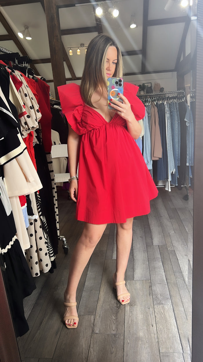 Reese Ruffle Poplin Dress-Red