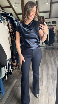 Navy Cowl Neck Combo Blouse