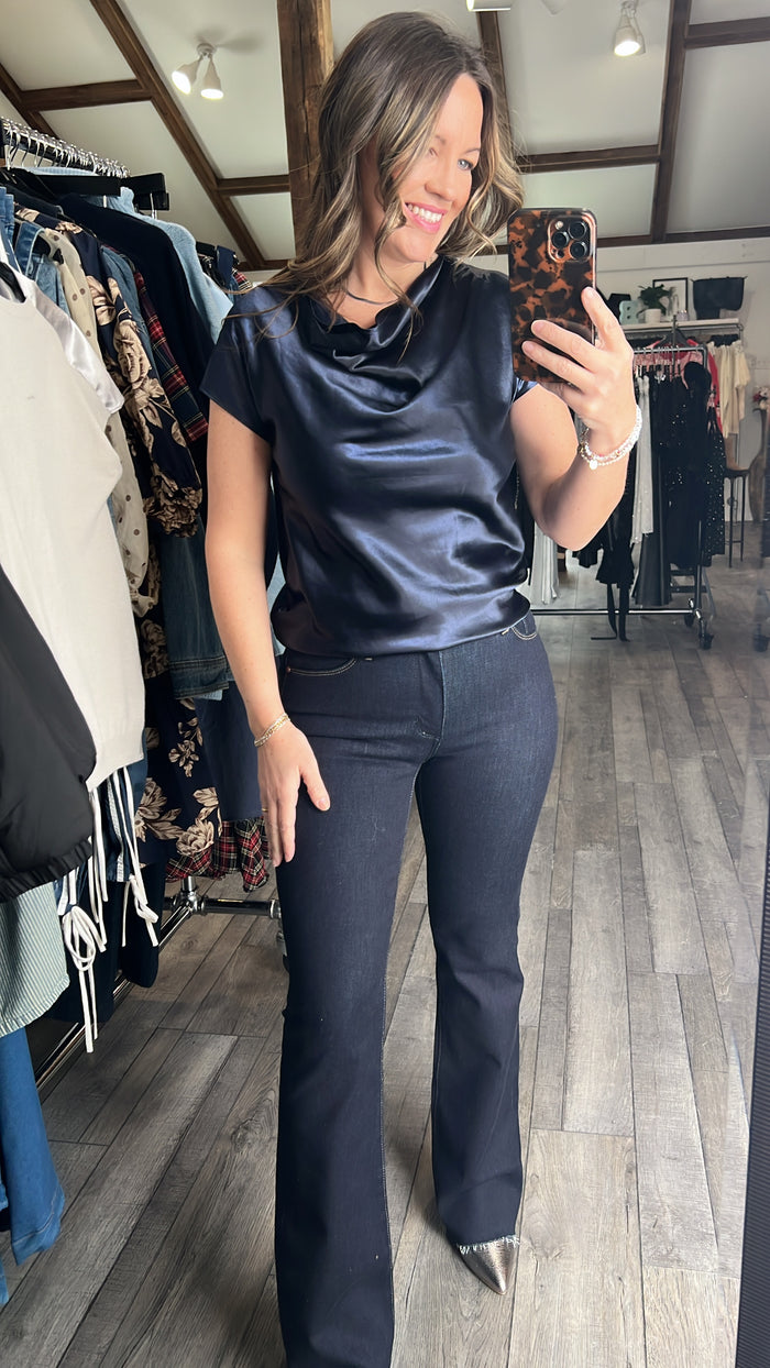 Navy Cowl Neck Combo Blouse