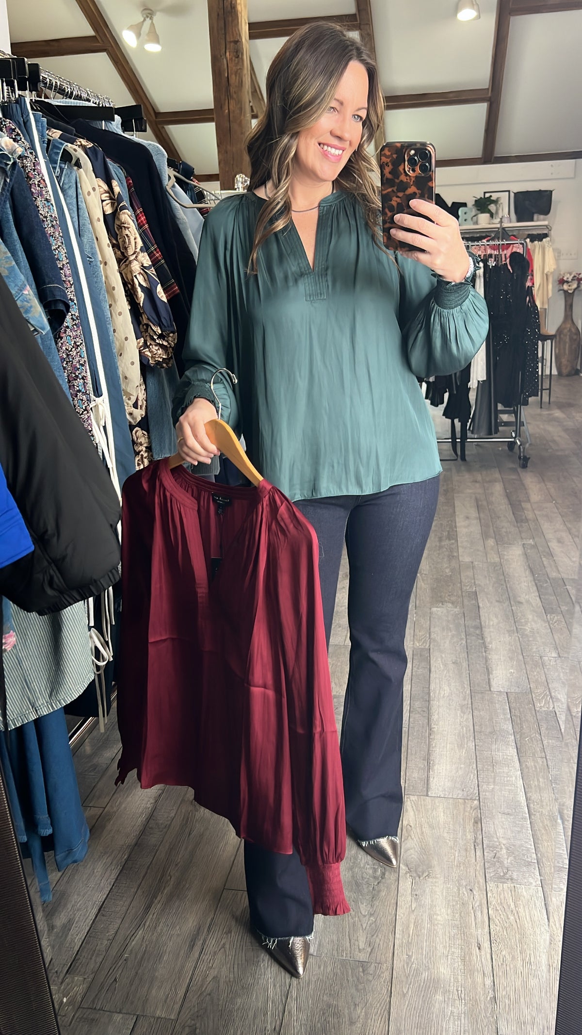 Current Air Split Neck Smocked Long Sleeve Blouse