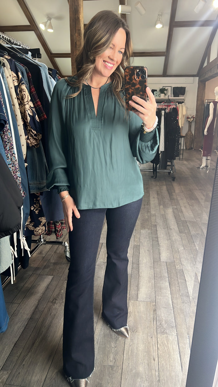 Current Air Split Neck Smocked Long Sleeve Blouse