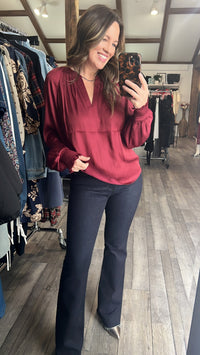 Current Air Split Neck Smocked Long Sleeve Blouse