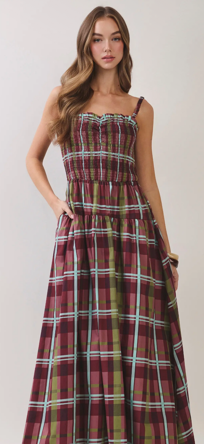 Brea Burgundy Plaid Smocked Dress