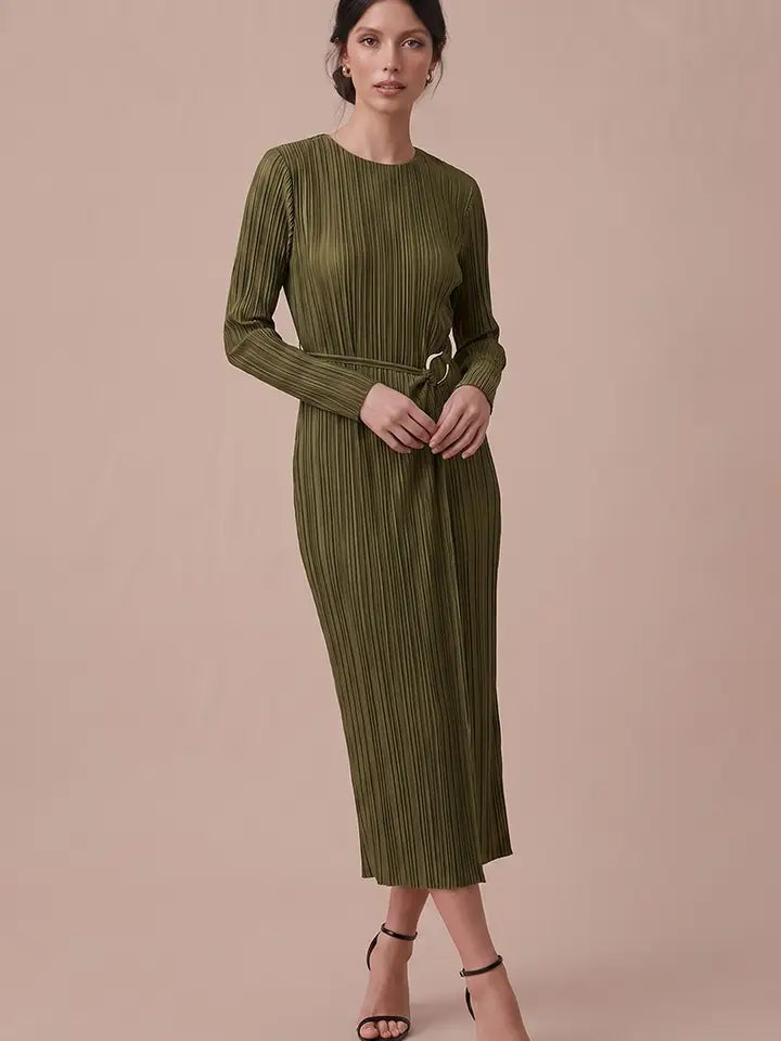 Olive You A Lot Plisse Long Sleeve Dress With Gold Buckle